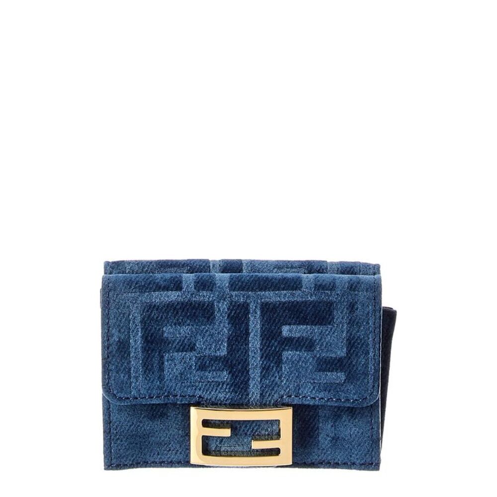 Fendi Micro Trifold Flocked Denim Wallet, Blue